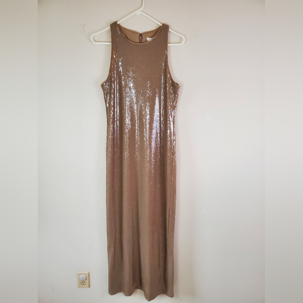 Banana Republic Beige Sequin Dress Stretch Maxi Dress Sz M Column Sexy Cocktail - Picture 5 of 12